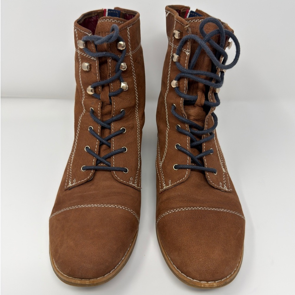 Tommy Hilfiger Brown Leather Lace Up Cap Toe Ankle Boots with Back Zip Womens
